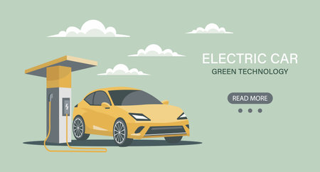 Modern electric car at a charging station. Green technology. Illustration, banner. Vectorのイラスト素材