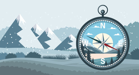Illustration of a compass against a landscape background. Compass icon with landscape nature. Vectorのイラスト素材