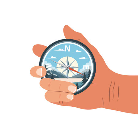 Illustration of a compass in a hand. Compass icon with landscape nature. Vectorのイラスト素材