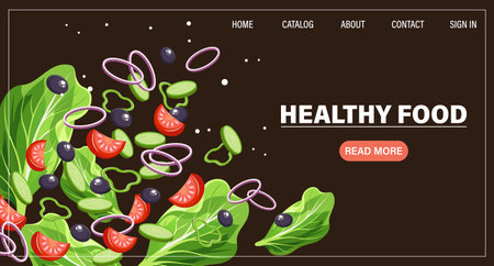 Web page design template for fresh vegetables, natural products, organic food, online food delivery, recipes. Illustration, landing page, poster, banner.のイラスト素材