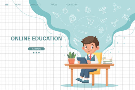 Online education website template. E-learning concept banner. Cute schoolboy sitting at table and studying online. Illustration, template for landing page. Vectorのイラスト素材