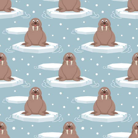 Seamless pattern with cute baby walruses on an ice floe on a blue background. Design for print, textile, fabric. Vectorのイラスト素材