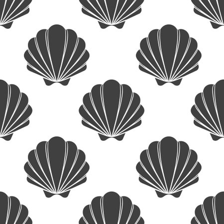 Seamless pattern of scallop seashells. Black silhouette of seashells on a white background. Vectorのイラスト素材