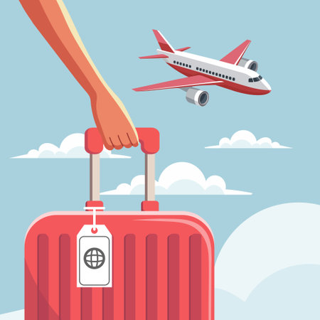 A woman's hand holds a suitcase in her hand close-up and an airplane in the sky. Vacation and travel concept. Illustration. Vectorのイラスト素材