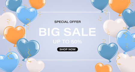 Big sale banner with pink and yellow heart balloons and gold serpentines on a blue background. Special offer banner. Vectorのイラスト素材