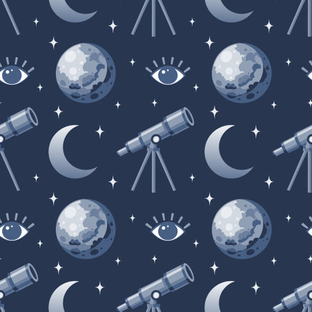 Seamless pattern, telescope, planet and solar eclipse Moon. Background for children, scrapbooking, children's room. Vectorのイラスト素材