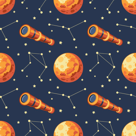 Seamless pattern, telescope, planet and solar eclipse Moon. Background for children, scrapbooking, children's room. Vectorのイラスト素材