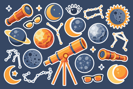 Solar eclipse set. Telescope, spyglass, planets, solar eclipse, moon, glasses. Cute illustration for kids education at school, stickers, scrapbooking, nursery room. Vectorのイラスト素材