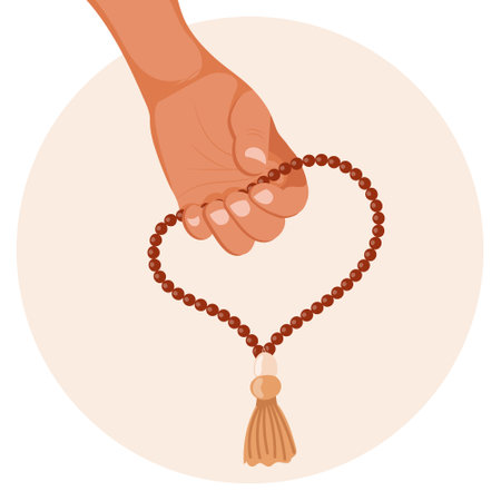 A hand holds a Muslim rosary on a white background. Illustration. Vectorのイラスト素材