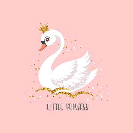Little swan princess with a golden crown on a pink background. Cute illustration for fashion print, greeting cards, nursery bedroom decoration. Vectorのイラスト素材