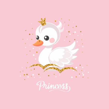 Little swan princess with a golden crown on a pink background. Cute illustration for fashion print, greeting cards, nursery bedroom decoration. Vectorのイラスト素材