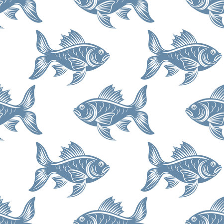 Seamless pattern, silhouettes of sea fish with waves on a white background. Print, textileのイラスト素材