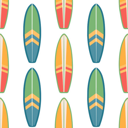 Seamless pattern of surfboards. Summer surfboards in a colorful pattern on a white background. Vectorのイラスト素材