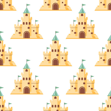 Summer sand castle seamless pattern. Sand castle in a colorful pattern on a white background. Vectorのイラスト素材
