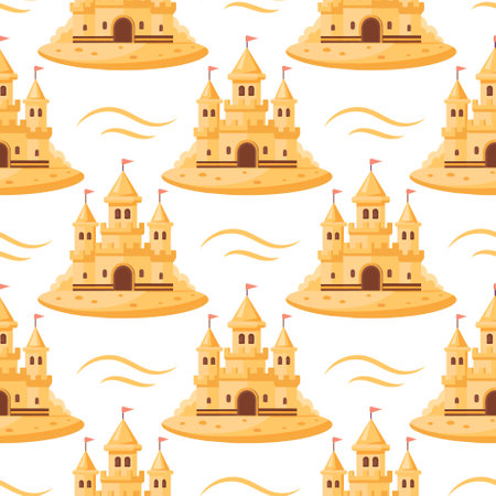 Summer sand castle seamless pattern. Sand castle in a colorful pattern on a white background. Vectorのイラスト素材