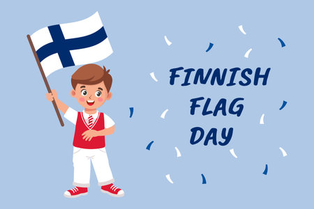 Finnish Flag Day. Banner with Cute little boy with Finnish flag in hand Holiday illustration. Vectorのイラスト素材