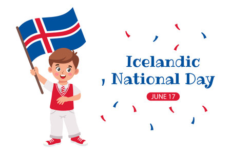 Icelandic National Day. Banner with cute little boy with Icelandic flag in hand. Vectorのイラスト素材