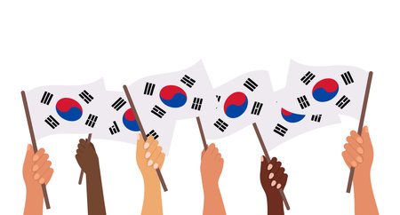 South Korea Liberation Day. Banner with Korea flags in human hands. Banner, poster, holiday illustration. Vectorのイラスト素材