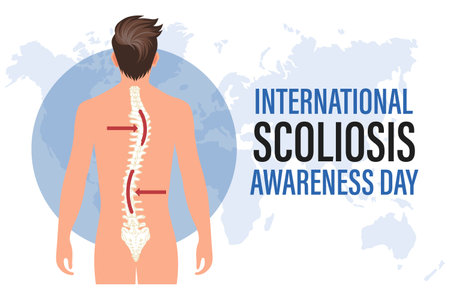 International Scoliosis Awareness Day. Banner with human scoliosis spine on a world map. Illustration, posterのイラスト素材