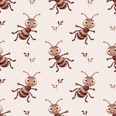 Seamless pattern of a happy ant on a white background. Smiling baby insect character. Print, children's textiles, wallpaperのイラスト素材