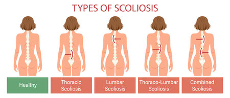 Types of scoliosis, spinal disease. Infographics banner with human scoliosis spine. Healthcare and medicine. Illustration, posterのイラスト素材