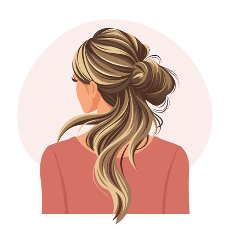 Young woman's hairstyle, back view. Women's haircut. Beauty and fashion. Illustration, poster, clipartのイラスト素材