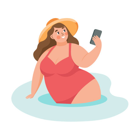 Summer holidays time. Happy woman taking a selfie with a smartphone. Beach vacation and relaxation. Concept illustration. Vectorのイラスト素材