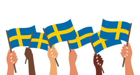 Sweden National Day. Banner with Swedish flags in hands. Holiday illustration. Vectorのイラスト素材