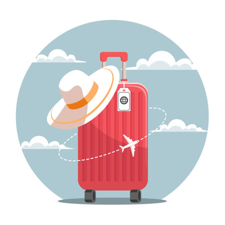 Summer background with travel suitcase and airplane against the sky with clouds. Vacation and travel concept. Illustration. Vectorのイラスト素材