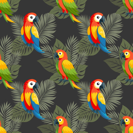 Seamless pattern, cute colorful parrots in a fog of tropical leaves. Cute macaw birds. Design for textile, background, printのイラスト素材