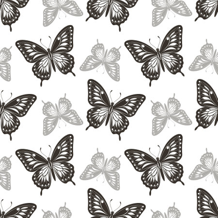 Seamless pattern, luxurious silhouettes of butterflies. Background with monochrome insects. Design for textiles, printのイラスト素材