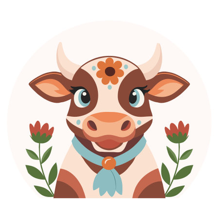Cute spotted cow with flowers on a white background. Farm animal. Baby illustration in flat cartoon style. Vectorのイラスト素材