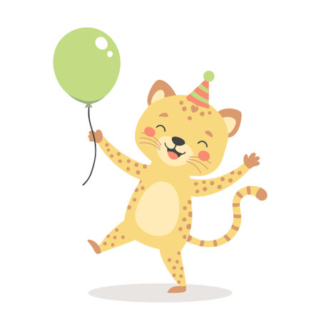 Cute baby tiger, leopard with a balloon in a party hat. Birthday greetings for children. Illustration, postcard, print for clothesのイラスト素材