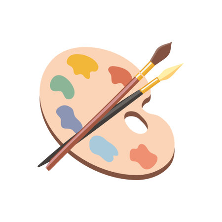 Palette with paints of different colors with brushes for painting. Top view of artist's tools isolated on white. Symbol, design elementのイラスト素材