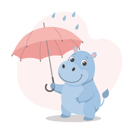Cute baby hippo with an umbrella in the rain. Autumn children's illustration, print, cardのイラスト素材
