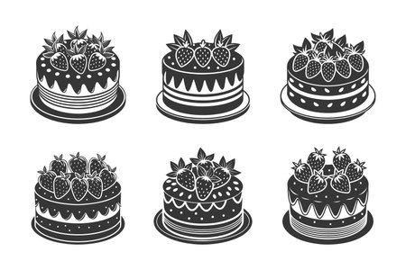 Set of hand drawn strawberry cakes, engraving, baking silhouettes. Black and white illustration, iconsのイラスト素材