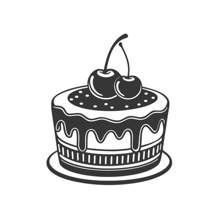 Cherry cake on white background, engraving, silhouette. Black and white illustration of dessert, pastry, food iconのイラスト素材