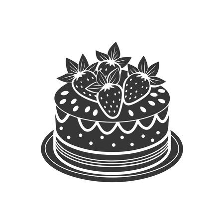 Strawberry cake on white background, engraving, silhouette. Black and white illustration of dessert,...