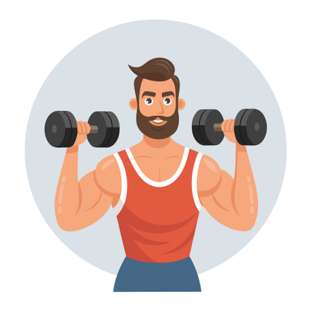 Young man with dumbbells. Sportsman training. Healthy lifestyle. Physical activity concept. Flat style illustrationのイラスト素材