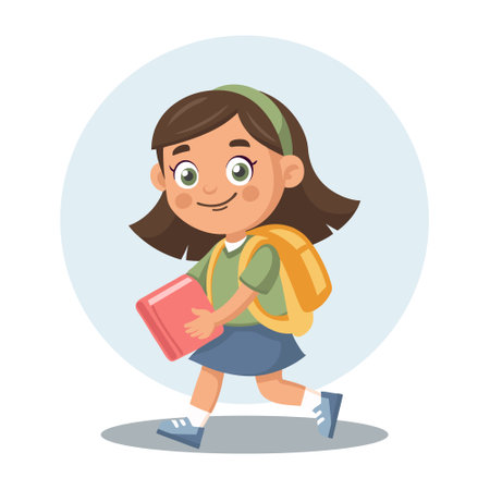 Cute schoolgirl with school backpack going to school. Pupil character. Flat style illustrationのイラスト素材