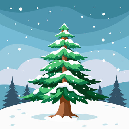 Winter landscape, snow-covered spruce tree in winter forest. Holiday illustration in flat styleのイラスト素材