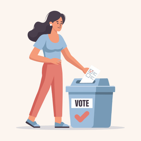 Woman putting Vote ballot paper in a voting box. Election campaign concept. Flat style illustrationのイラスト素材