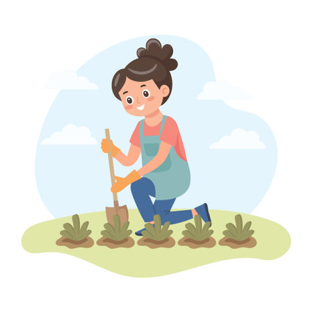 Girl with a shovel taking care of a plant. Woman gardener in spring. Cute flat style illustration.のイラスト素材