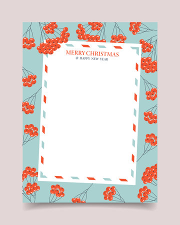 Blank greeting card with Christmas and New Year, decorated with rowan branches, spruce and snowflakes. Template. Illustrationのイラスト素材