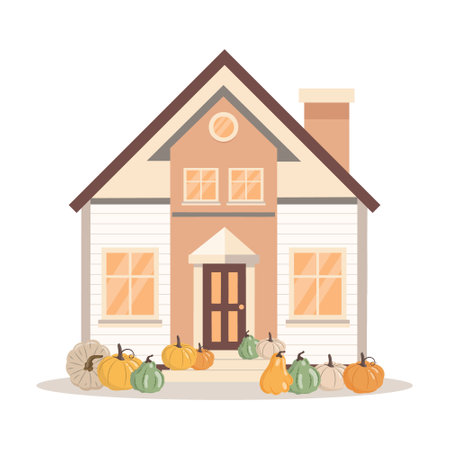 Cozy country house with pumpkins. Autumn decoration, composition of pumpkins. Autumn harvest illustrationのイラスト素材