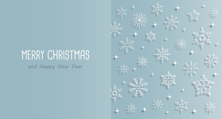 Christmas card template with snowflakes and stars with shadow on a blue background. Greeting card, winter illustrationのイラスト素材