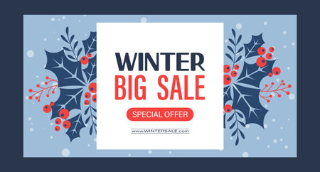 Winter sale banner template with holly leaves and snowflakes. Social media banner. Illustrationのイラスト素材