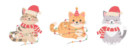 Christmas cats set. Cute kittens in Santa hat with lights. Holiday illustrationのイラスト素材