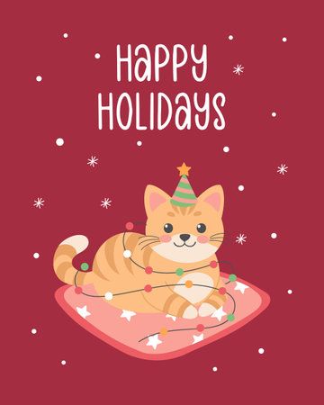 Cute cat with party hat and lights garland. Christmas card design template. Flat illustrationのイラスト素材