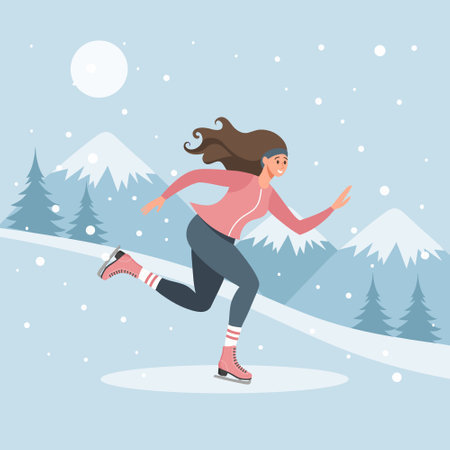 Female character skating on ice on winter landscape background. Winter sport, outdoor sport activity. Flat illustrationのイラスト素材